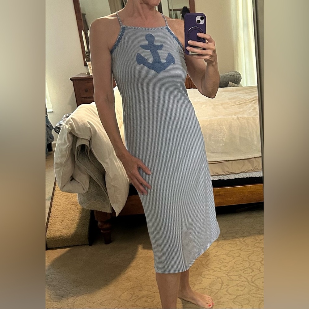 Light Blue and White Striped Nautical Anchor Midi Dress
